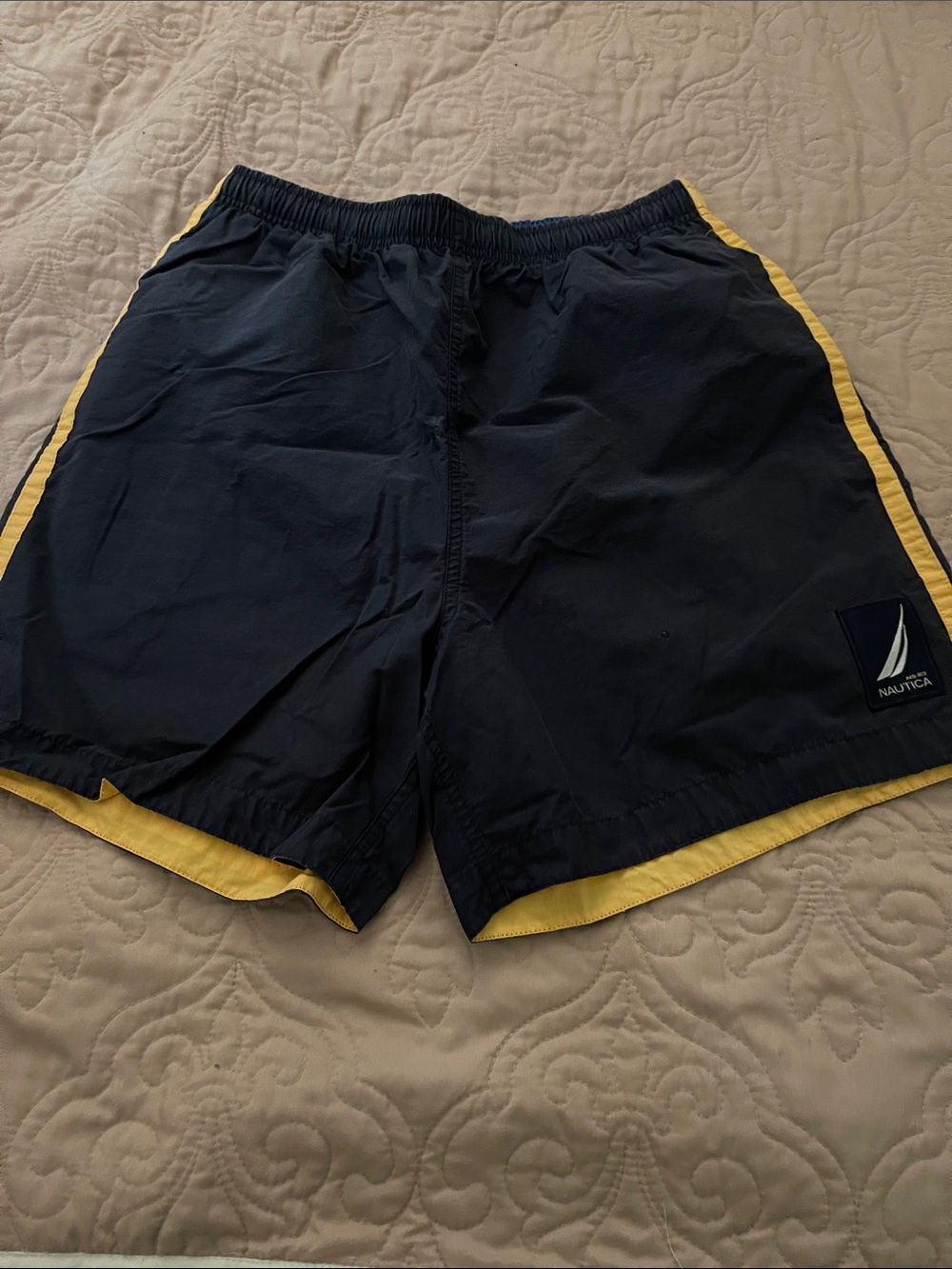 Nautica Navy Blue Swim Trunks with Yellow Accents Size Small
